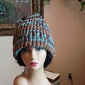 Chunky Brown & Teal Knit Women's Beanie Hat